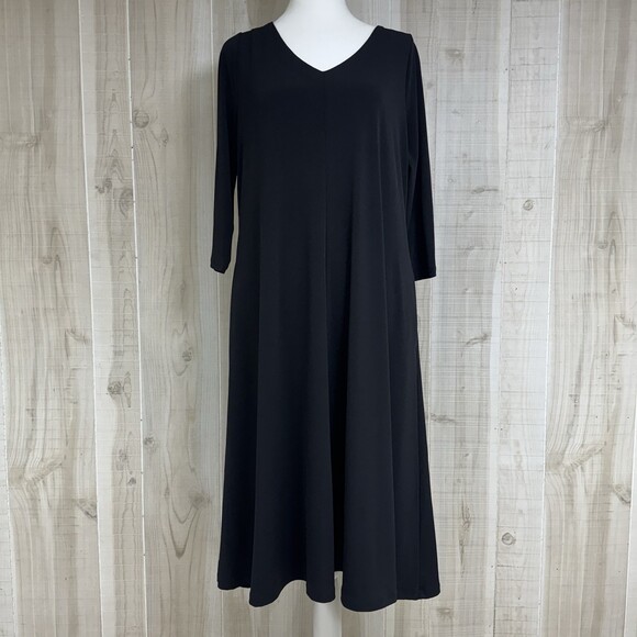 Chico's Dresses & Skirts - CHICOS  Black Swing Dress Stretch V Neck A-Line Classic Minimalist 3/4 Sleeve 1